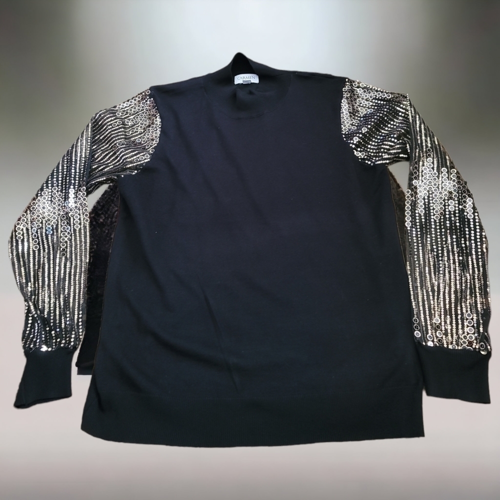 CARMEN Marc Valvo Mock Neck Black Knit Sweater with Gold Sequin Sleeves size XL